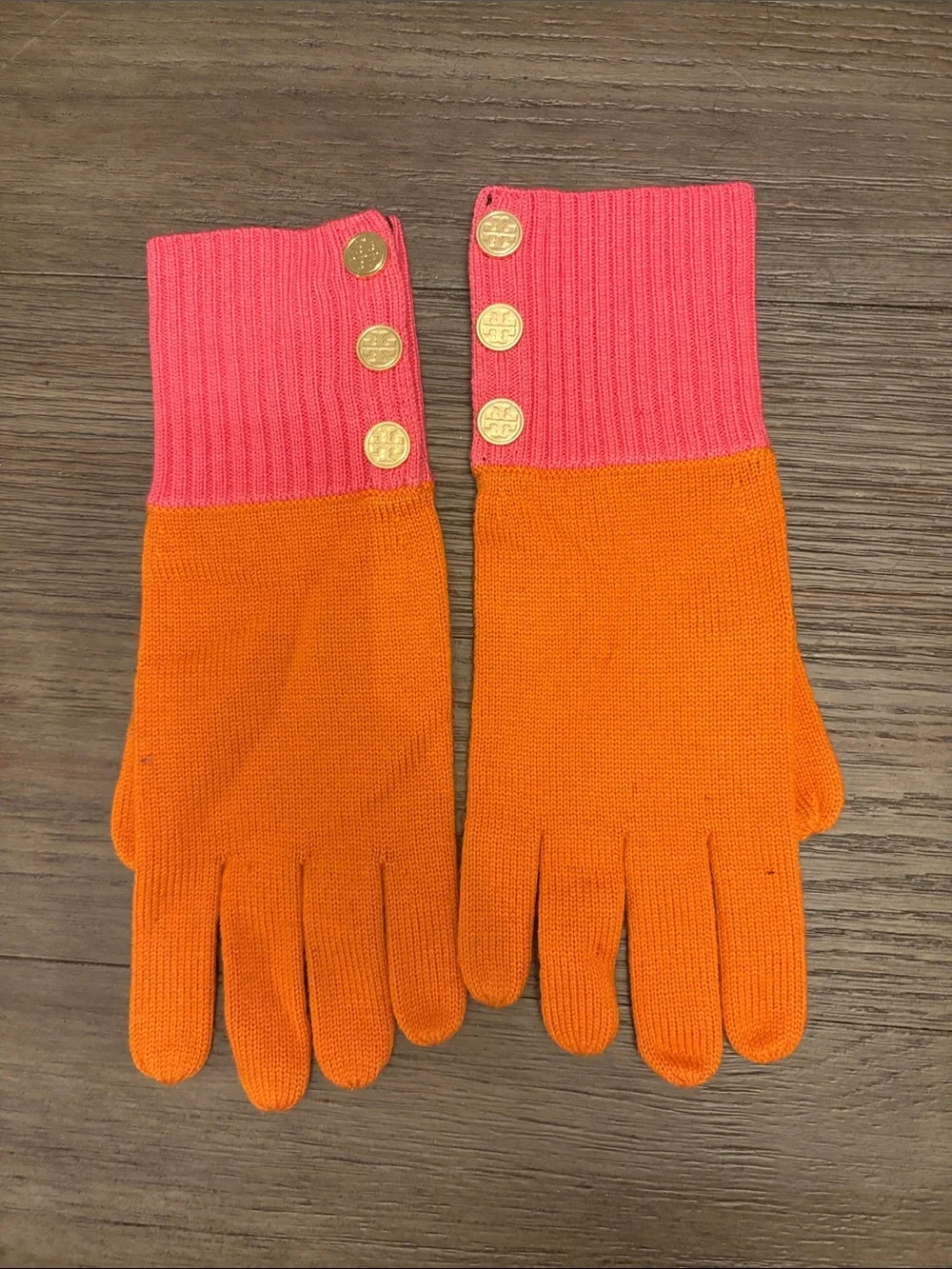 Tory Burch Pink and Orange Knit Button Gloves